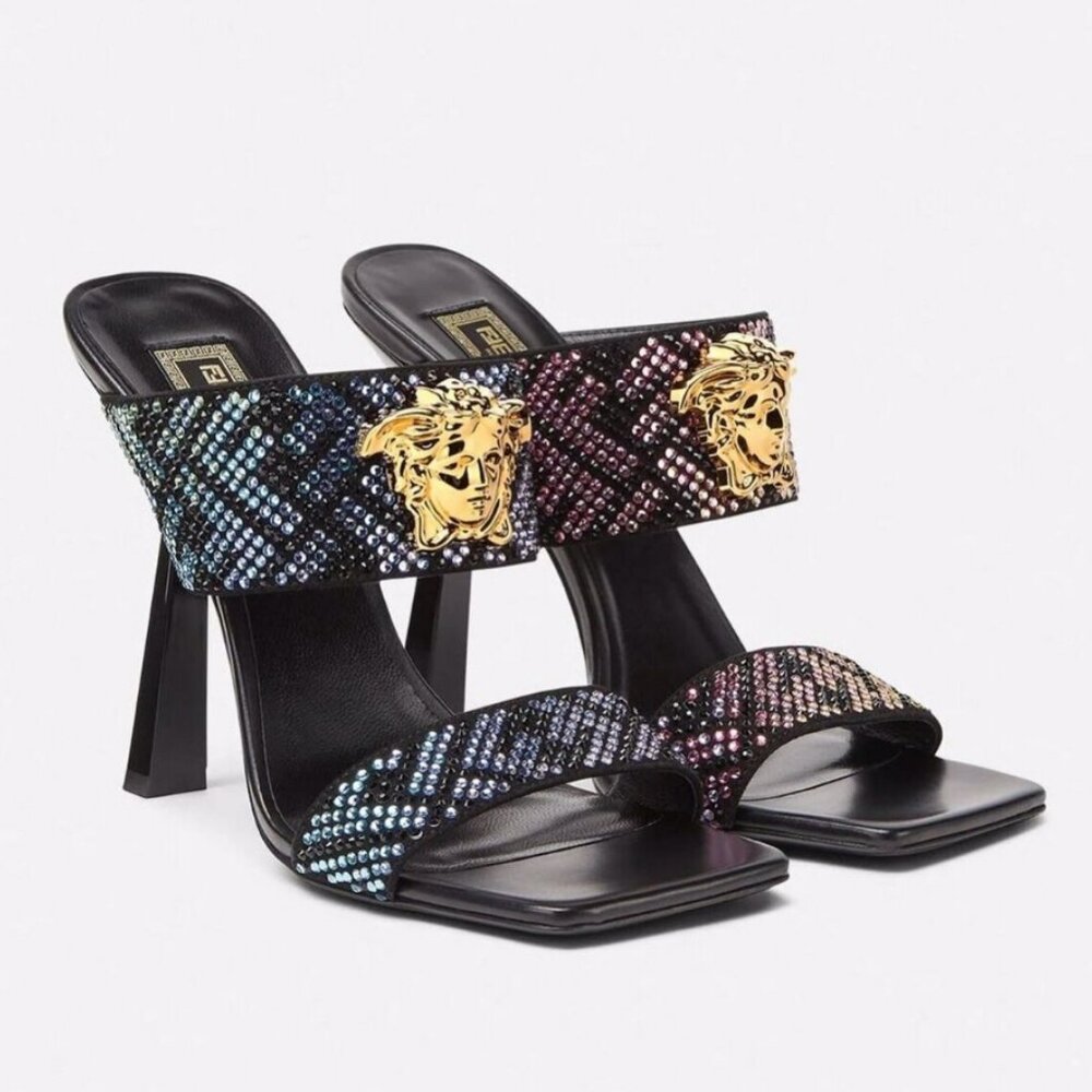Versace X Fendi Calfskin Crystal Fendace FF Medusa High Heel Mule Sandals